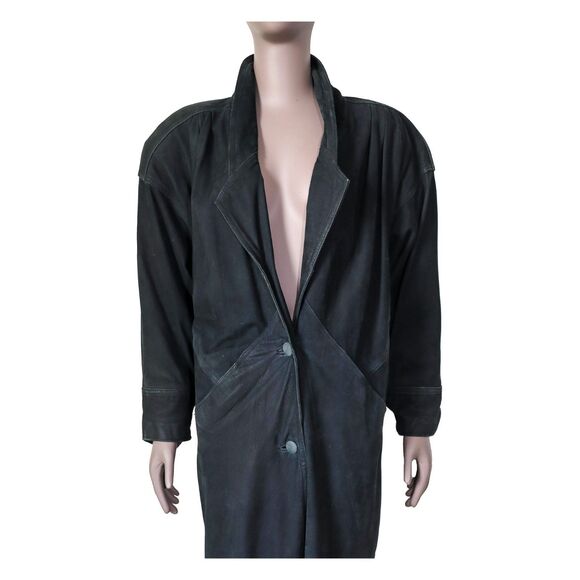 Vintage 80s‎ Winlit Black Suede Leather Long Coat Evening Overcoat Size Small - Picture 3 of 4